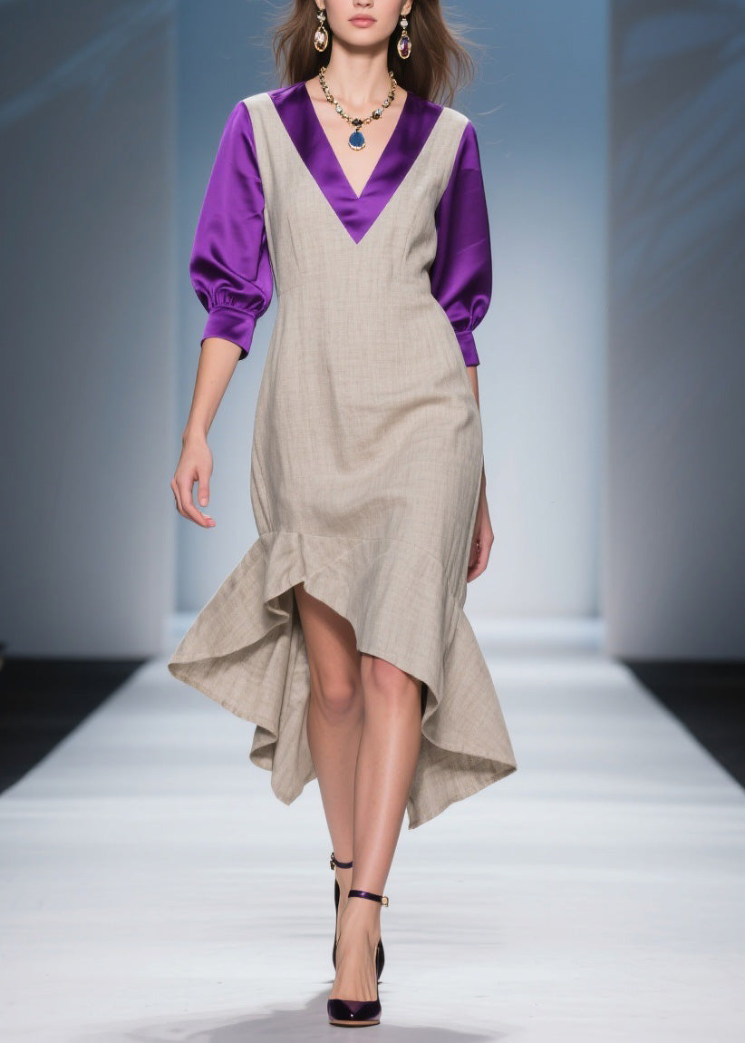 Deep V-Neck Layered Puff Sleeve Satin Trim High Low Ruffle Midi Dress - View 5
