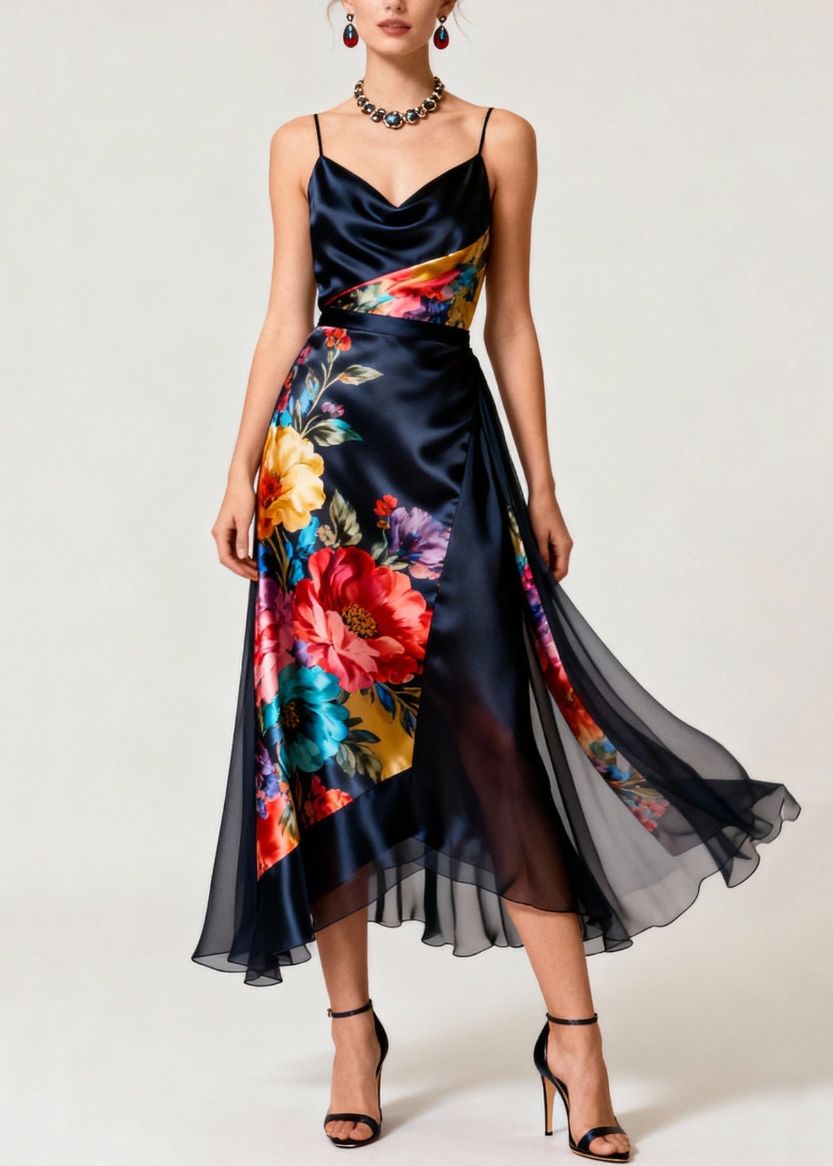 Cowl Neck Spaghetti Strap Floral Print Wrap Satin Midi Dress - View 3