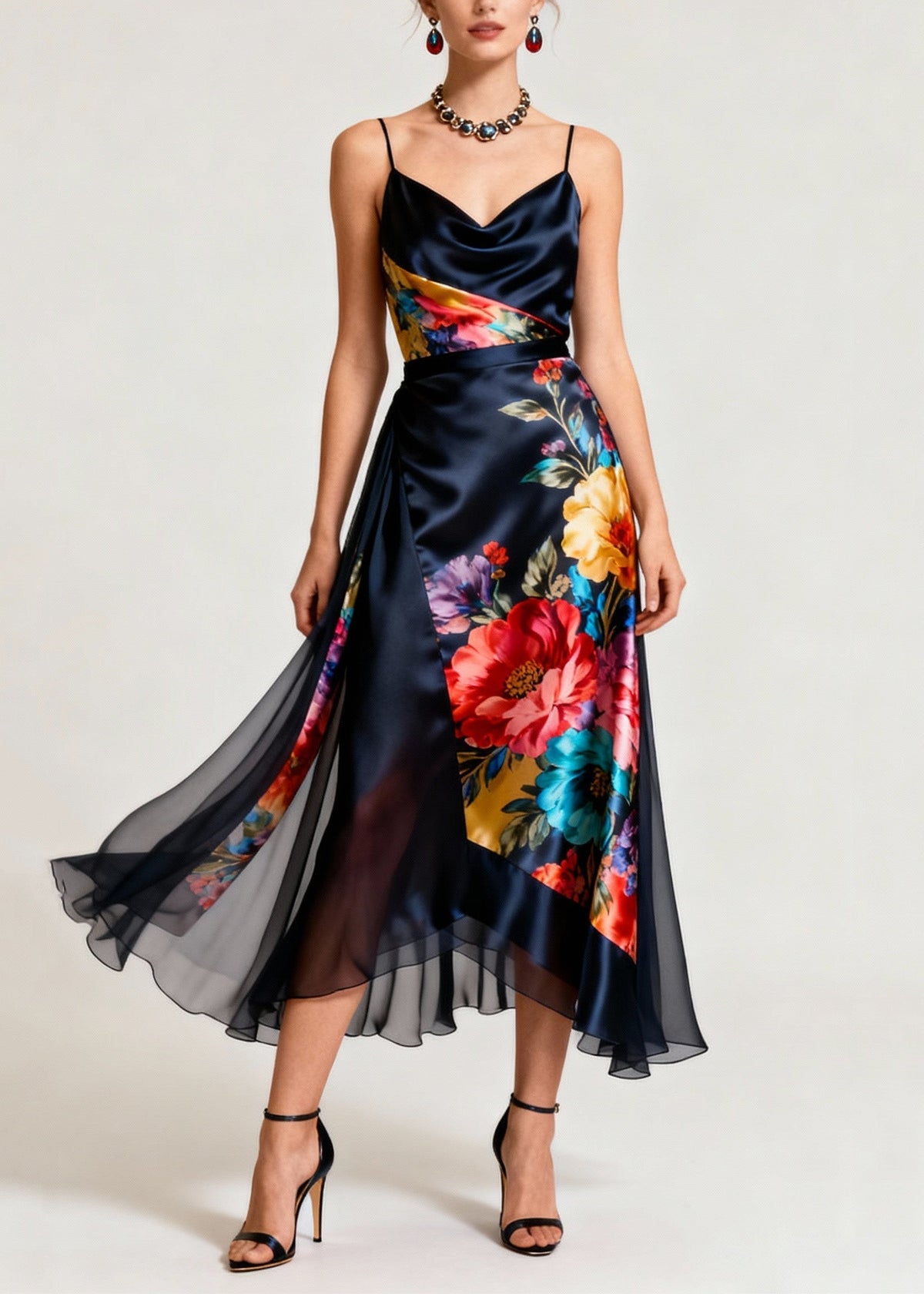 Cowl Neck Spaghetti Strap Floral Print Wrap Satin Midi Dress - View 5