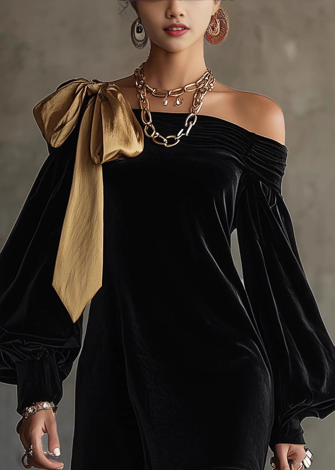 Velvet One Shoulder Bow Off Shoulder Ruched Puff Sleeve Mini Dress - View 2