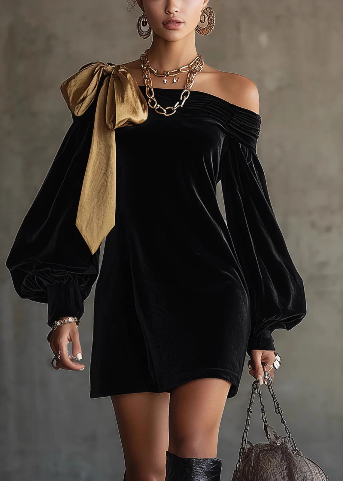 Velvet One Shoulder Bow Off Shoulder Ruched Puff Sleeve Mini Dress - View 5