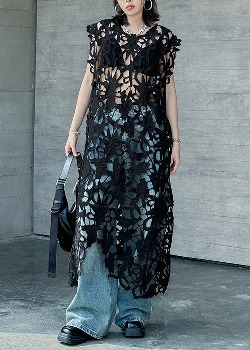 Lace Cut Out Floral Sheer Sleeveless Round Neck Column Maxi Dress