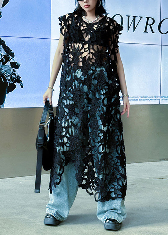 Lace Cut Out Floral Sheer Sleeveless Round Neck Column Maxi Dress - View 2