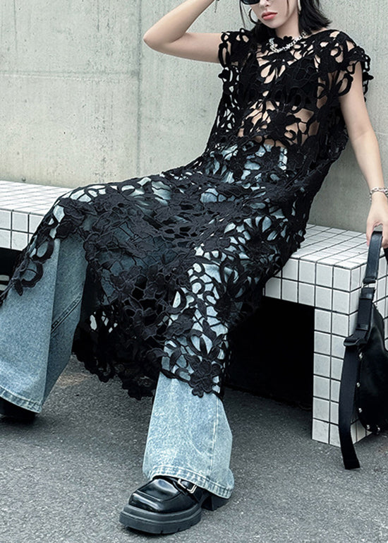 Lace Cut Out Floral Sheer Sleeveless Round Neck Column Maxi Dress - View 3