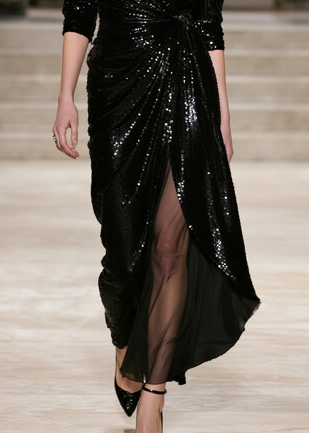 Sequin Deep V-Neck Three Quarter Sleeve Wrap Knot High Split Maxi Gown - View 4