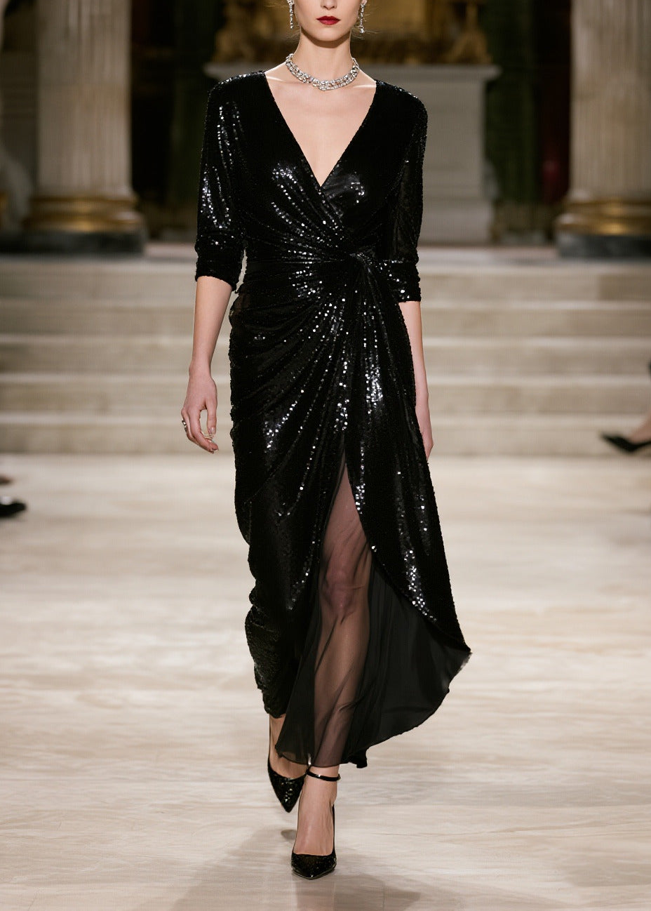 Sequin Deep V-Neck Three Quarter Sleeve Wrap Knot High Split Maxi Gown - View 5