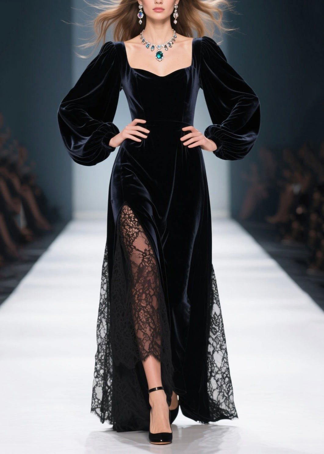 Velvet Sweetheart Bishop Sleeve Lace Panel High Split Maxi Gown - View 3