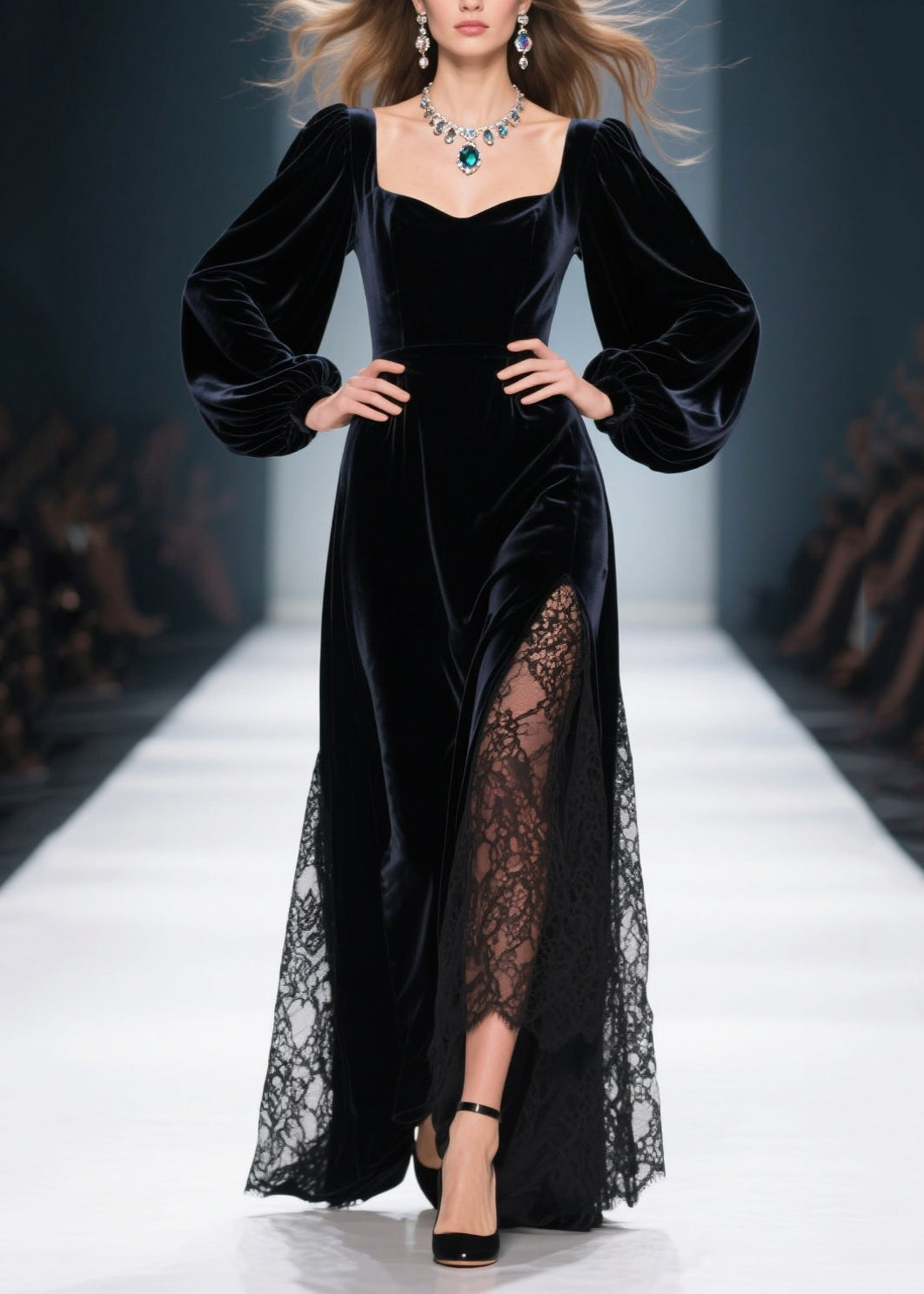 Velvet Sweetheart Bishop Sleeve Lace Panel High Split Maxi Gown - View 5