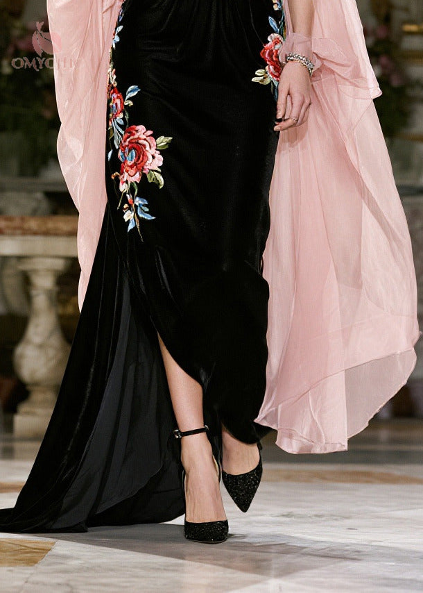 Floral Embroidered Velvet Chiffon Cape Sleeve Maxi Gown - View 4