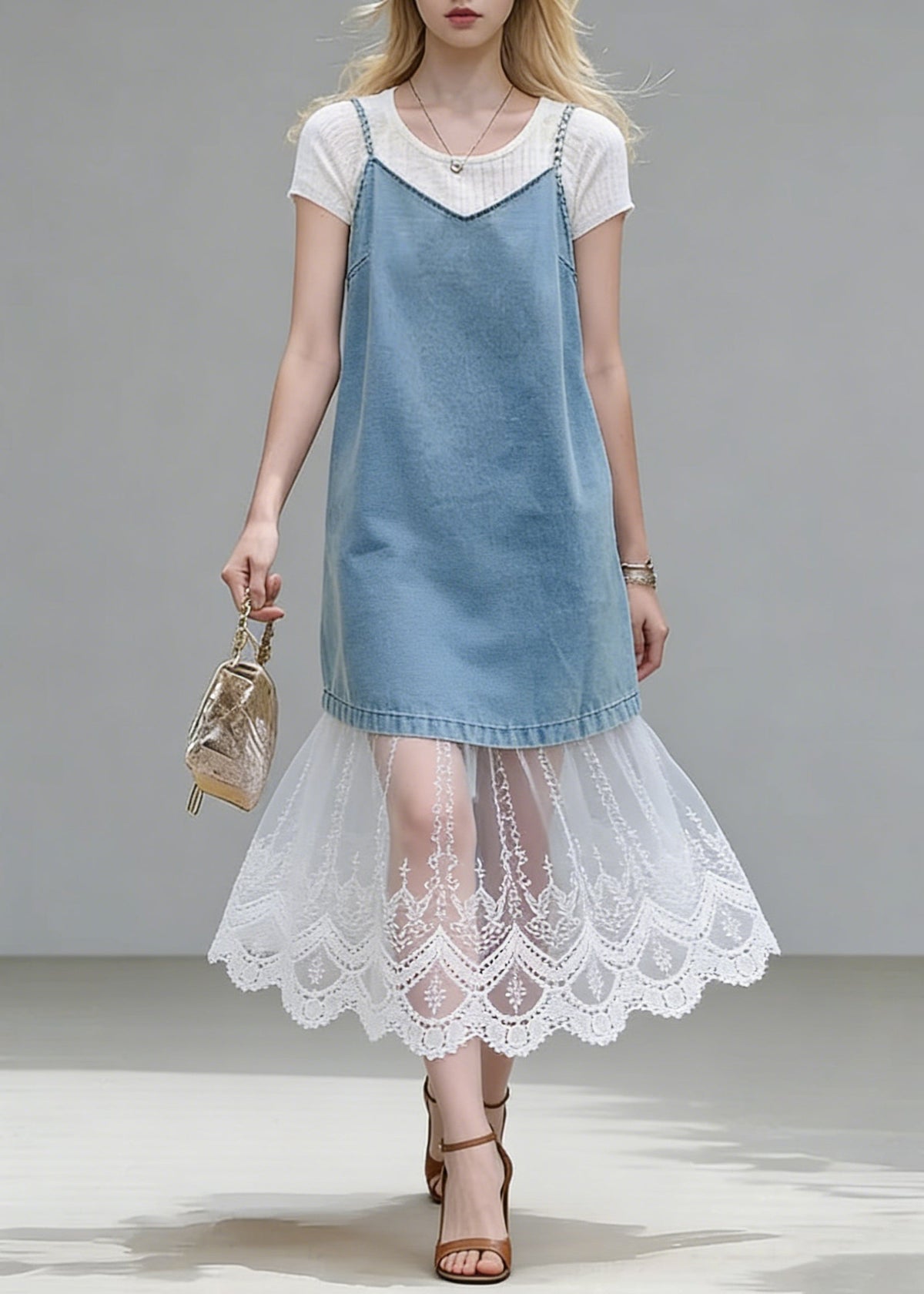 Blue Lace Patchwork Tops Spaghetti Strap Two Piece Set