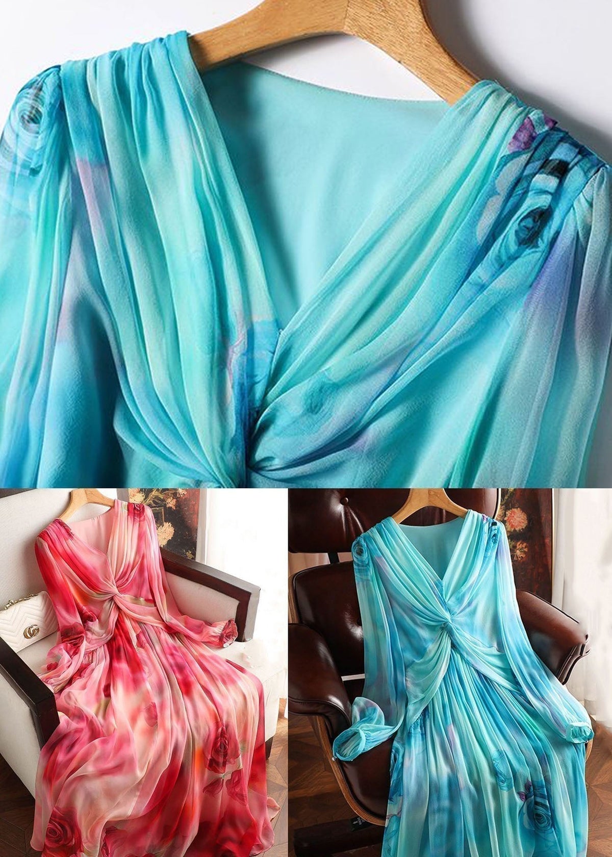 Chiffon Floral Print Deep V-Neck Twist Front Pleated Maxi Dress - View 4