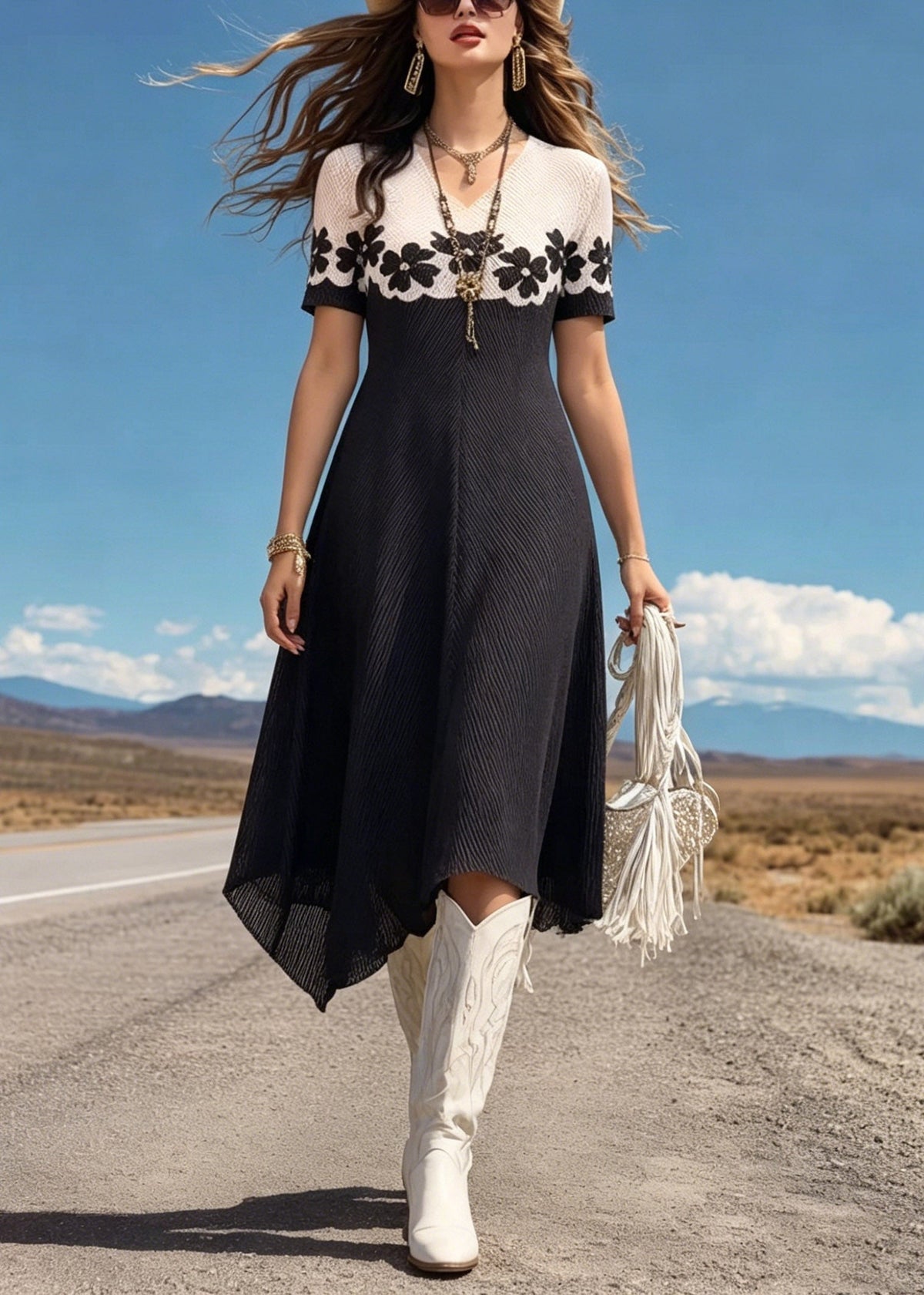 Colorblock Rib Knit Floral Border V-Neck Short Sleeve Midi Dress - View 5