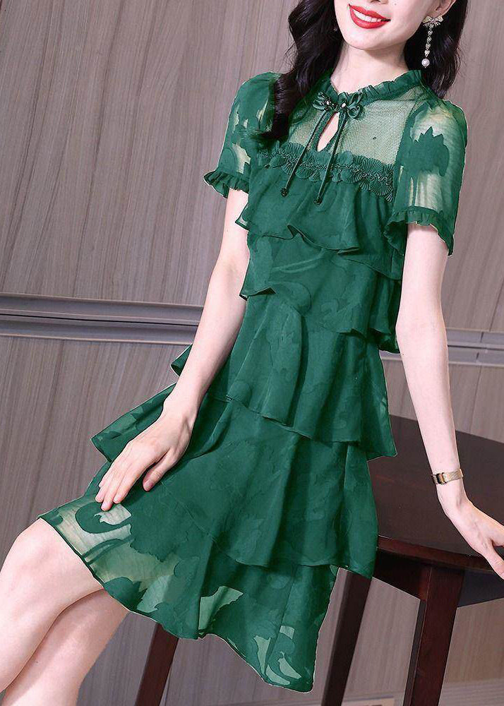 Stylish Dark Green Ruffled Patchwork Chiffon Dress Summer - View 2