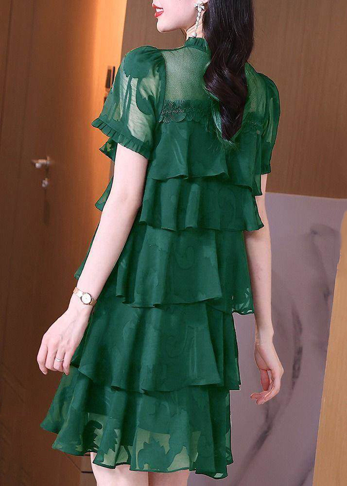 Stylish Dark Green Ruffled Patchwork Chiffon Dress Summer - View 5