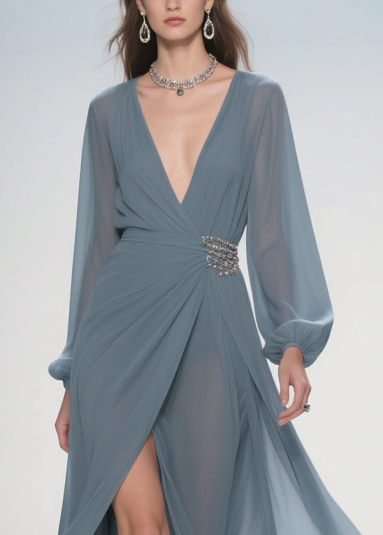 Chiffon Deep V-Neck Rhinestone Waist Wrap High Split Maxi Gown - View 2
