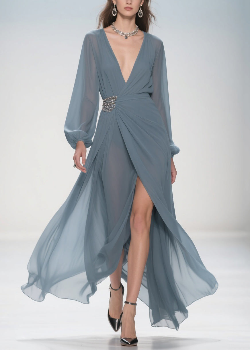 Chiffon Deep V-Neck Rhinestone Waist Wrap High Split Maxi Gown - View 3