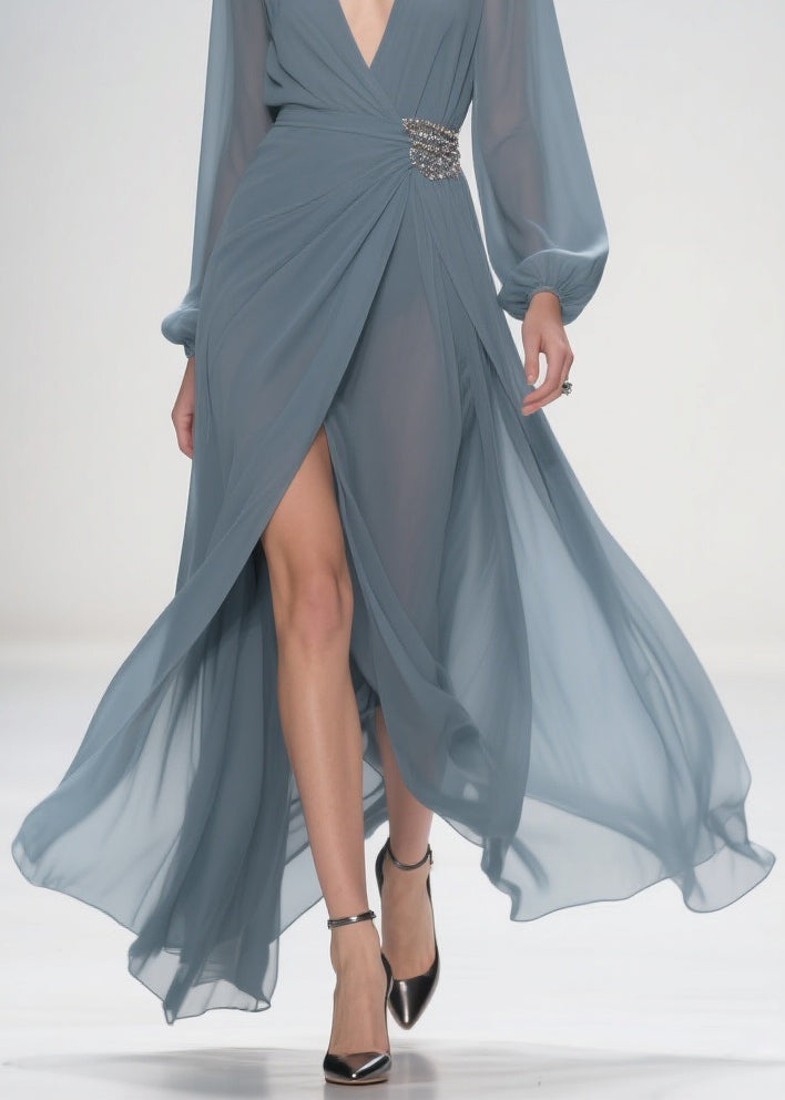 Chiffon Deep V-Neck Rhinestone Waist Wrap High Split Maxi Gown - View 4