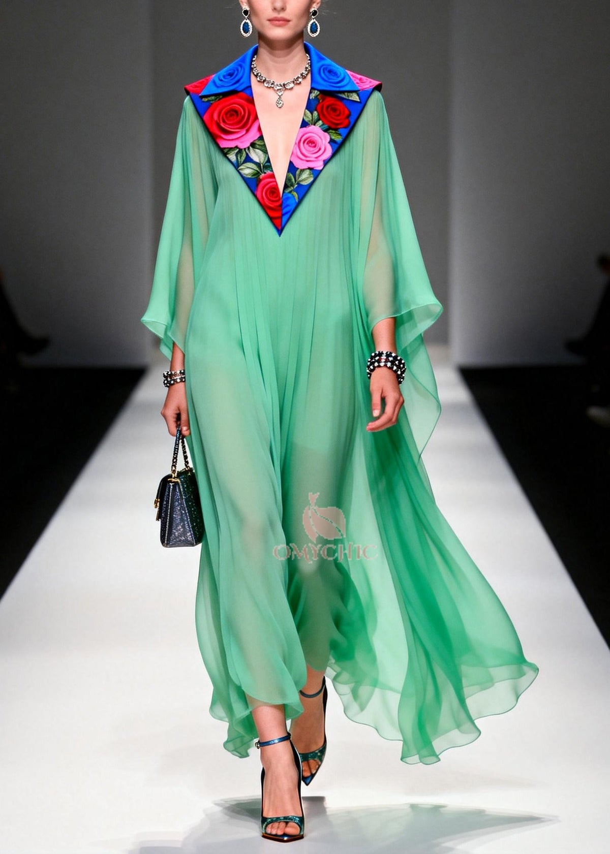 Pleated Sheer Chiffon Floral Embroidered Collar Maxi Gown - View 3
