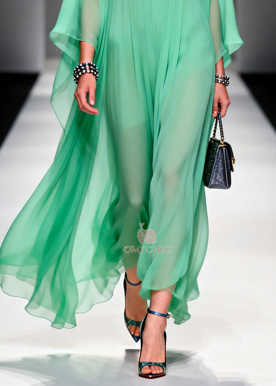 Pleated Sheer Chiffon Floral Embroidered Collar Maxi Gown - View 4