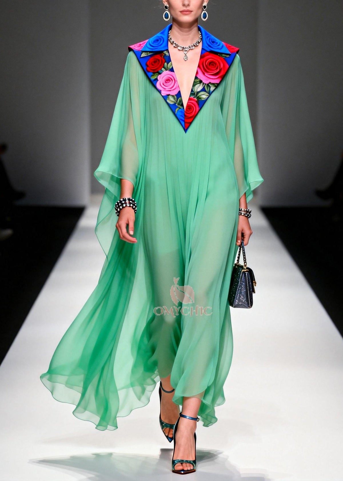 Pleated Sheer Chiffon Floral Embroidered Collar Maxi Gown - View 5