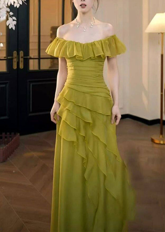 Grass Green Ruffled Asymmetrical Chiffon Party Dress - View 4