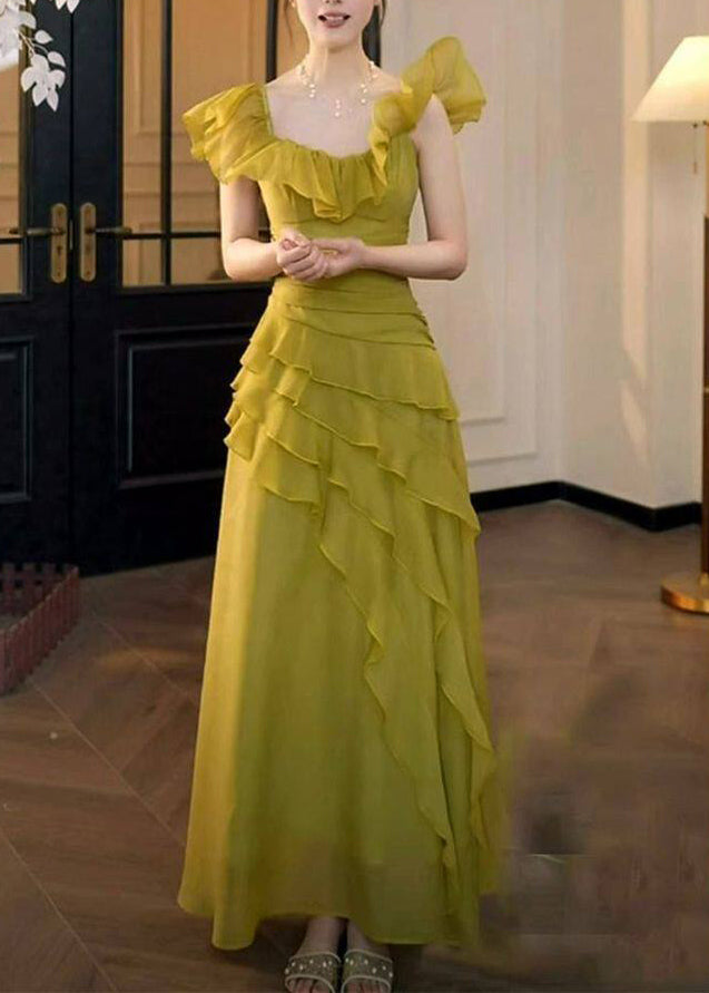 Grass Green Ruffled Asymmetrical Chiffon Party Dress - View 5
