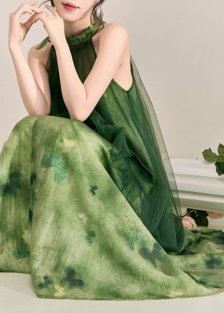 Green Halter Backless Fake Two Pieces Tulle Long Dress