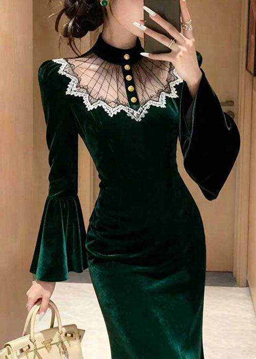 Velvet Mock Neck Mesh Lace Trim Bell Sleeve Mermaid Maxi Gown - View 2
