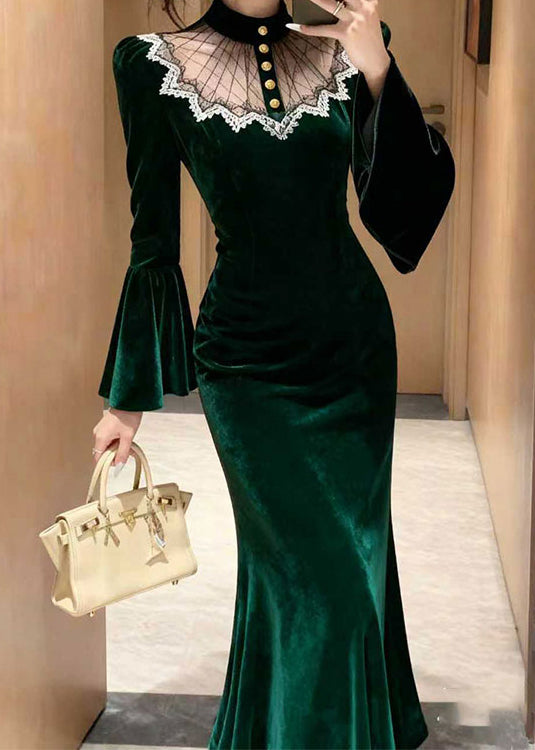 Velvet Mock Neck Mesh Lace Trim Bell Sleeve Mermaid Maxi Gown - View 5