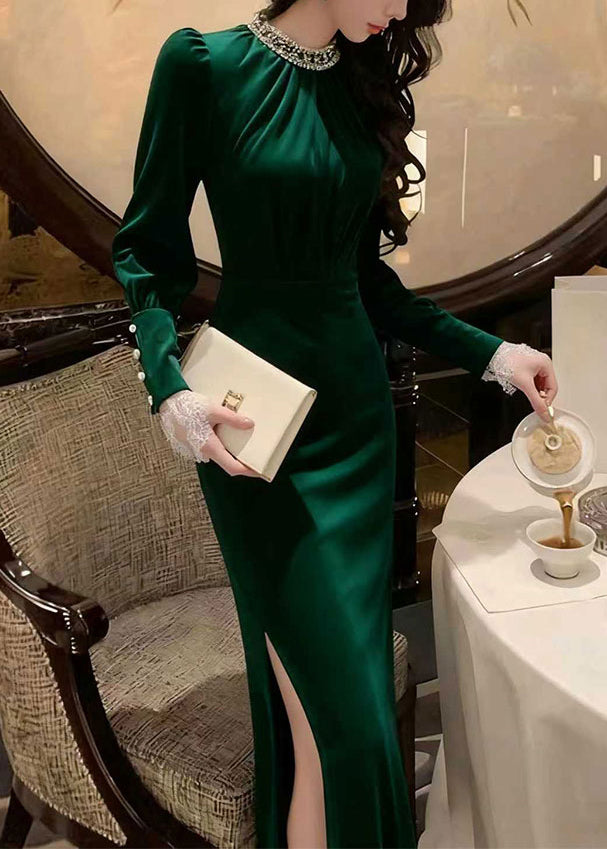 Satin Rhinestone Mock Neck Long Sleeve Lace Cuff High Split Maxi Gown