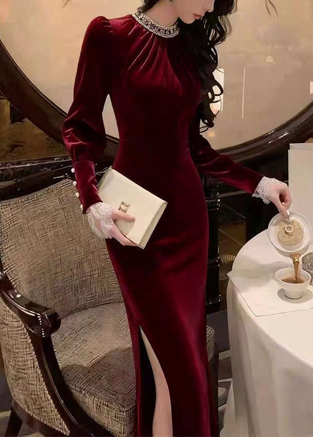 Satin Rhinestone Mock Neck Long Sleeve Lace Cuff High Split Maxi Gown - View 2