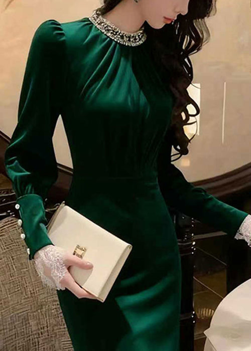 Satin Rhinestone Mock Neck Long Sleeve Lace Cuff High Split Maxi Gown - View 3