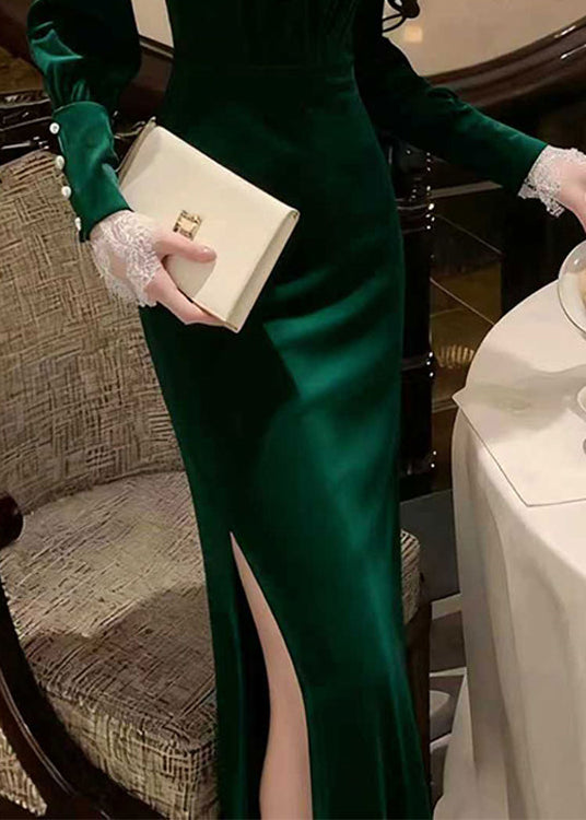Satin Rhinestone Mock Neck Long Sleeve Lace Cuff High Split Maxi Gown - View 4