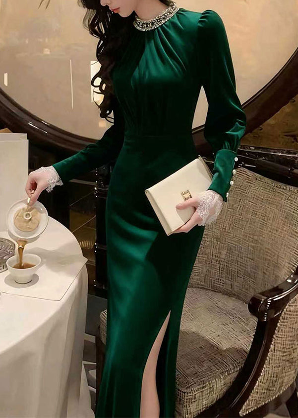 Satin Rhinestone Mock Neck Long Sleeve Lace Cuff High Split Maxi Gown - View 5