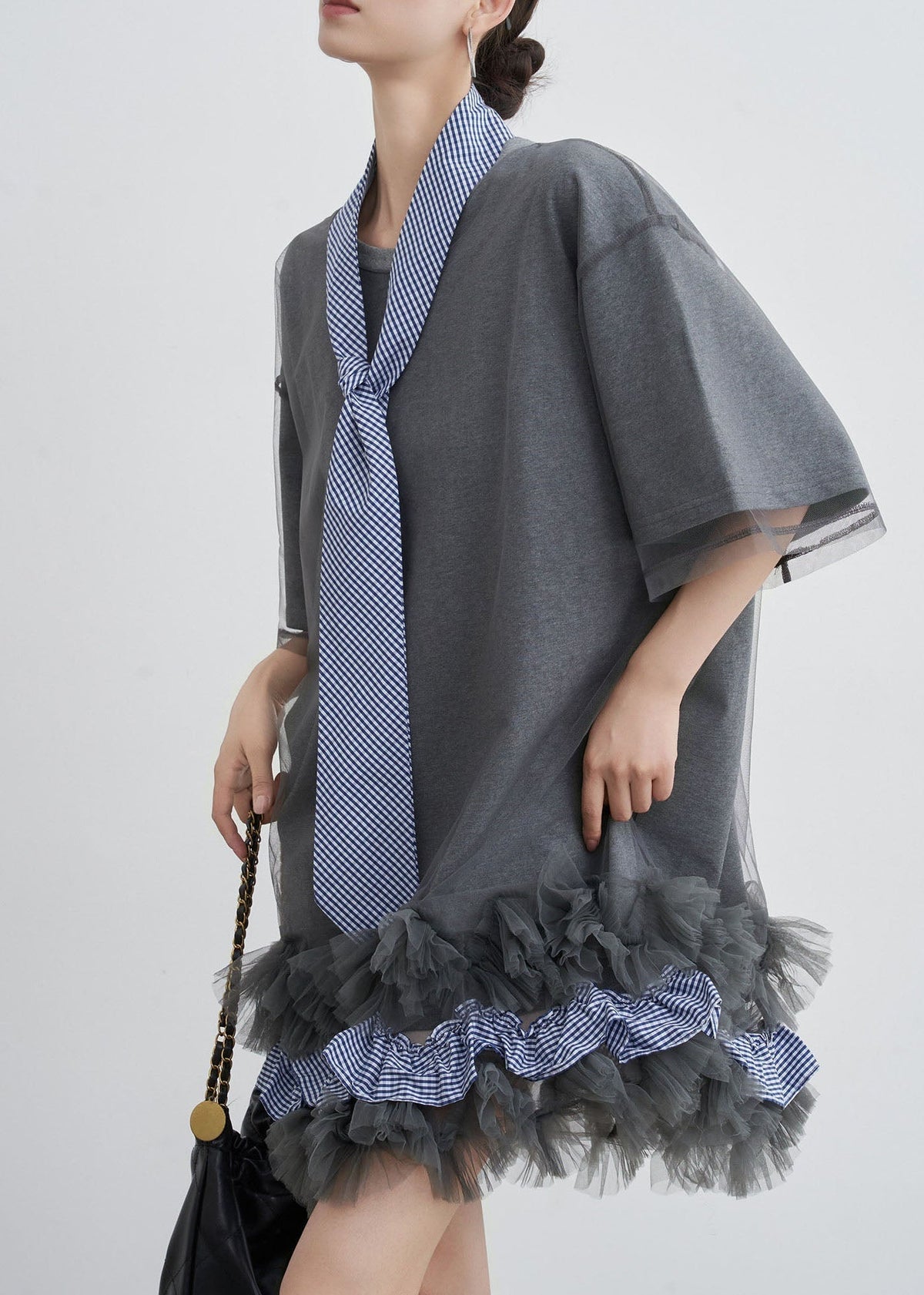 Mesh Overlay Gingham Tie Neck Ruffle Hem T-Shirt Dress - View 2