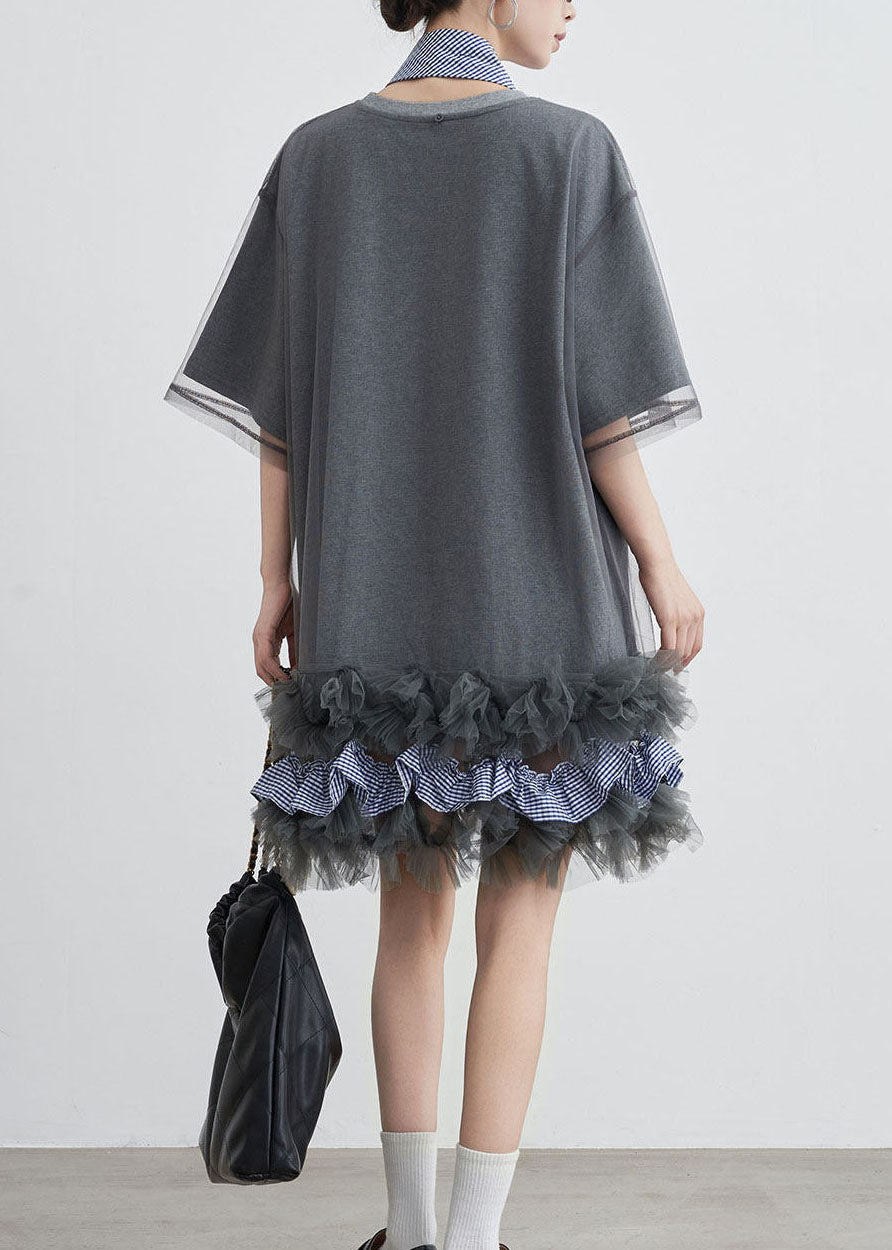 Mesh Overlay Gingham Tie Neck Ruffle Hem T-Shirt Dress - View 5