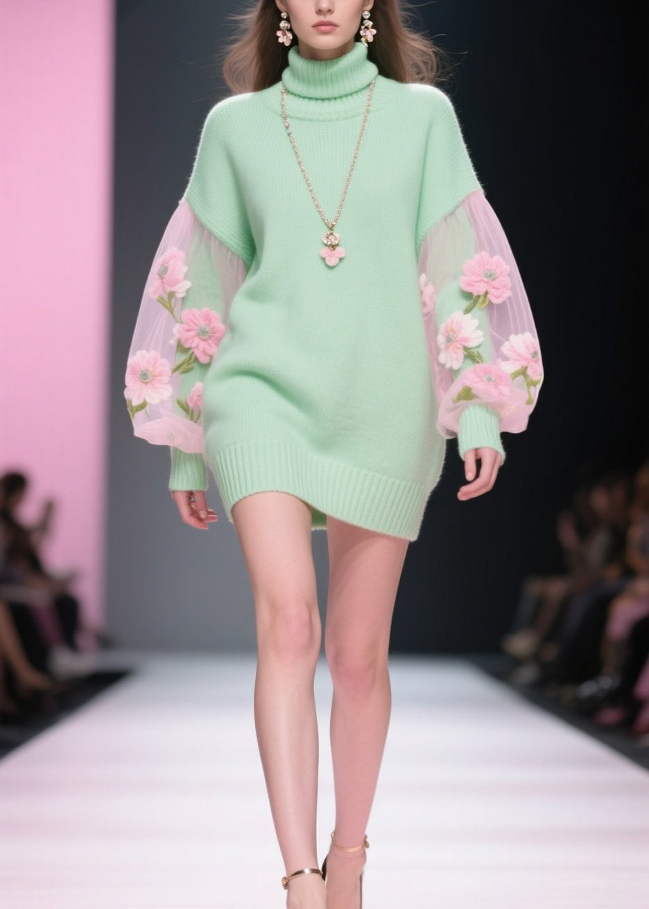 Tulle Floral Puff Sleeve Turtleneck Knit Patchwork Mini Dress