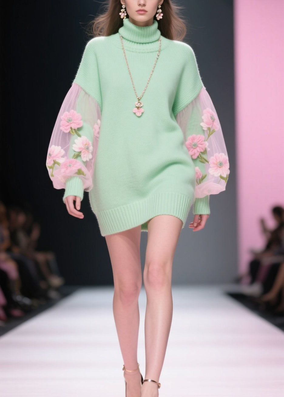 Tulle Floral Puff Sleeve Turtleneck Knit Patchwork Mini Dress - View 3