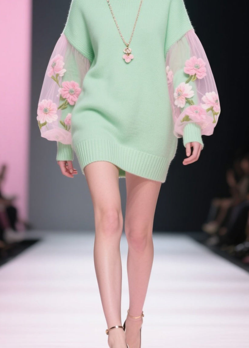 Tulle Floral Puff Sleeve Turtleneck Knit Patchwork Mini Dress - View 4