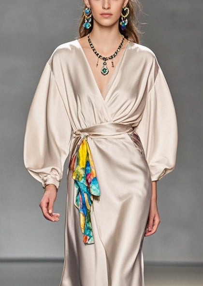 Satin Wrap Deep V-Neck Lantern Sleeve Tie Waist Accent Panel Maxi Gown - View 2
