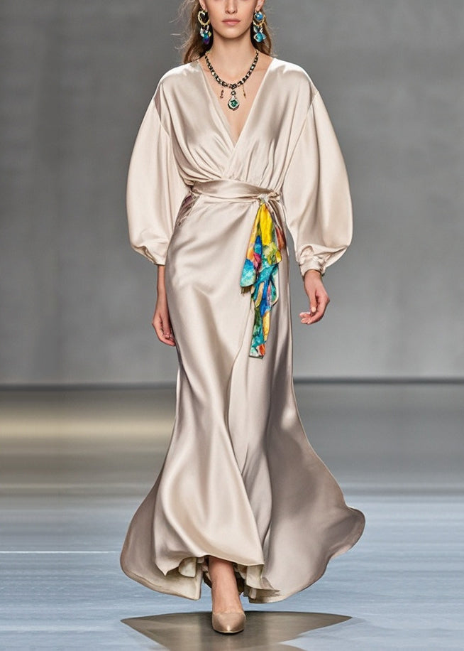 Satin Wrap Deep V-Neck Lantern Sleeve Tie Waist Accent Panel Maxi Gown - View 3