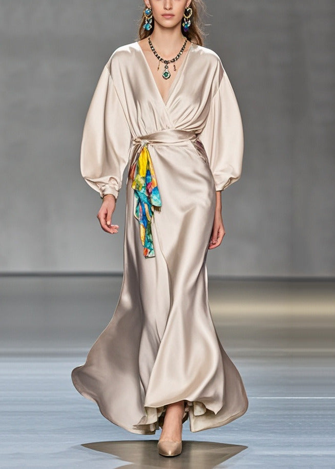 Satin Wrap Deep V-Neck Lantern Sleeve Tie Waist Accent Panel Maxi Gown - View 5