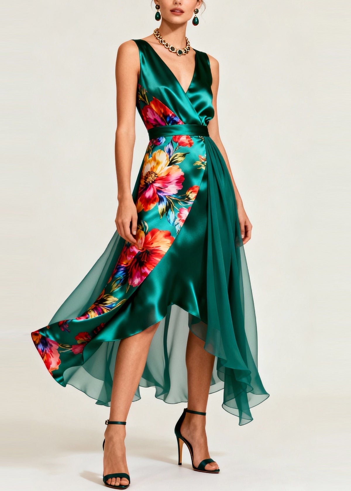 Floral Print Deep V-Neck Wrap Asymmetrical Tiered Chiffon Midi Dress - View 3