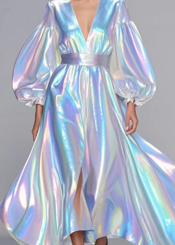 Sequin Deep V-Neck Puff Sleeve High Split Iridescent Maxi Gown - View 4