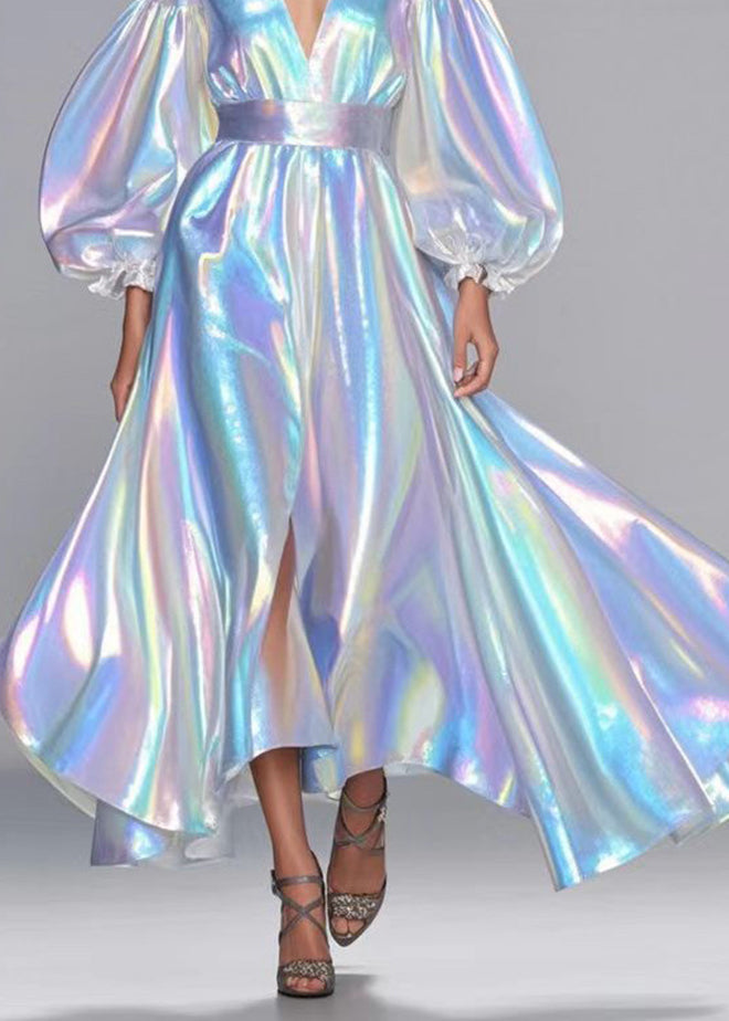 Sequin Deep V-Neck Puff Sleeve High Split Iridescent Maxi Gown - View 5