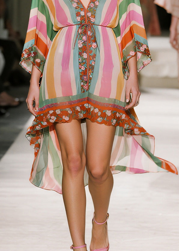 Striped Deep V-Neck Sleeve Floral Border Drawstring Mini Dress - View 4