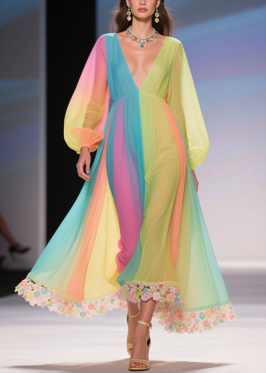 Striped Pleated Chiffon Deep V-Neck Long Sleeve Floral Maxi Gown