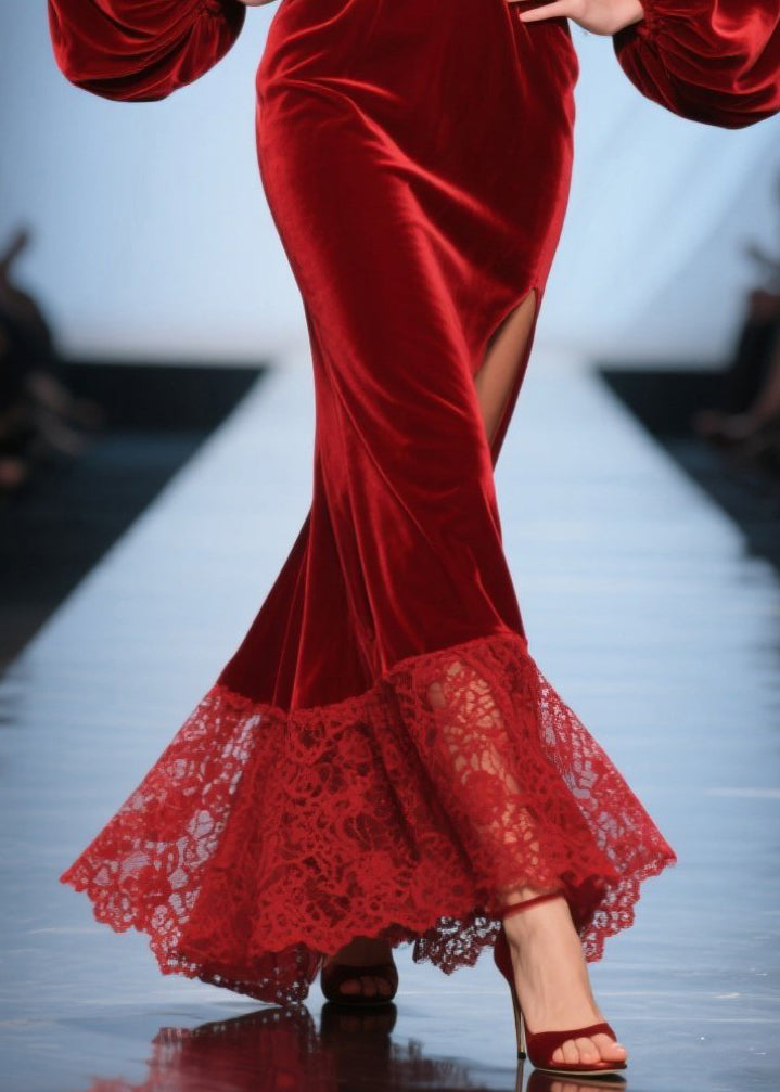 Velvet Deep V-Neck Bishop Sleeve Lace Hem High Split Maxi Gown - View 4