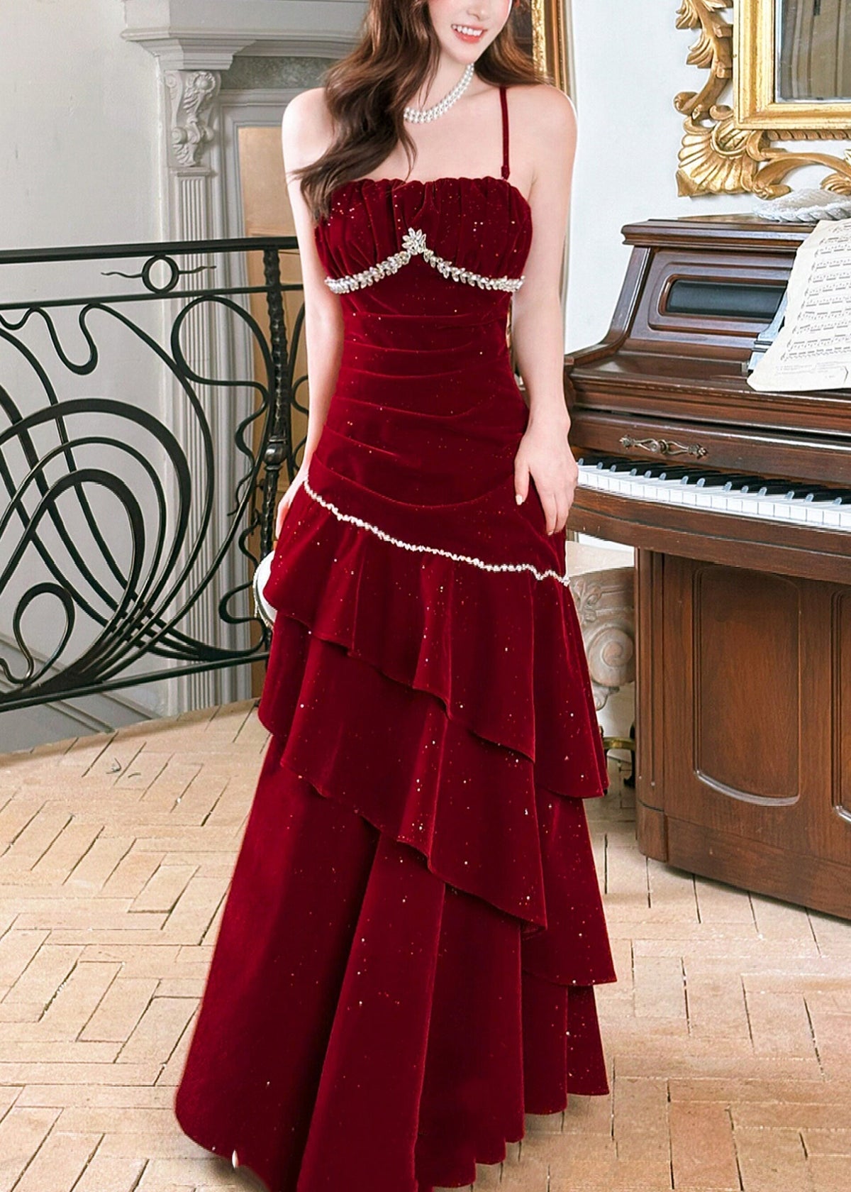 Stylish Red Zircon Ruffled Silk Velvet Maxi Spaghetti Strapi Dresses Summer - View 2