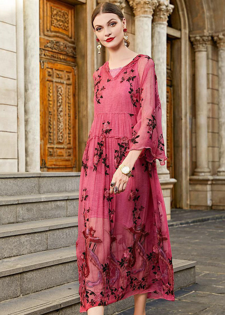 Embroidered Phoenix Floral Hooded V-Neck Bell Sleeve Maxi Dress - View 3